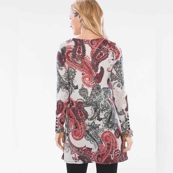 CHICO’S Red & Black Paisley Button Sleeve Tunic Size Small - Picture 4 of 14